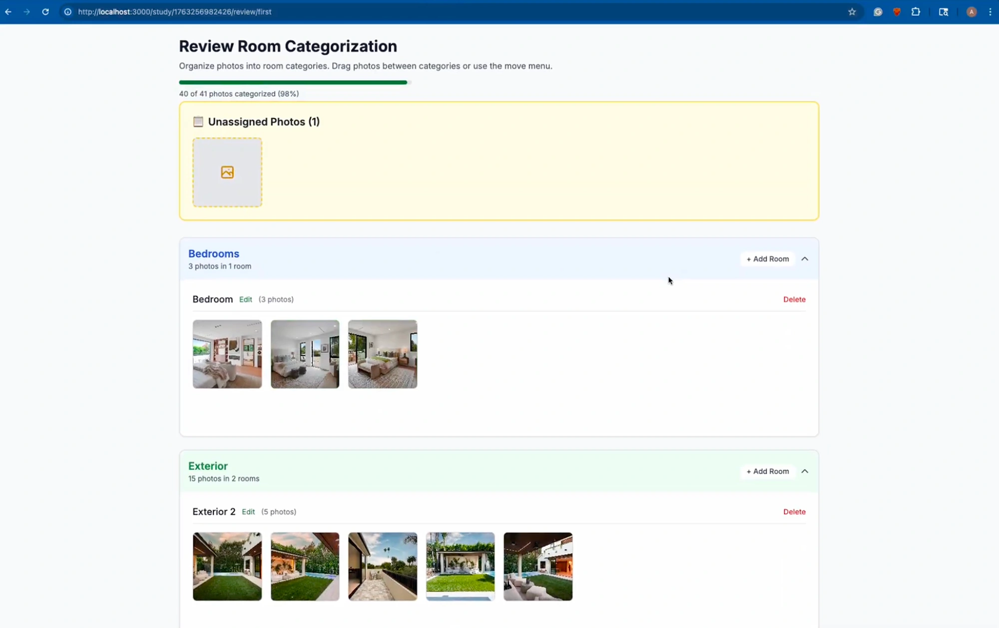 Room-based categories, drag between rooms, unassigned tracked.